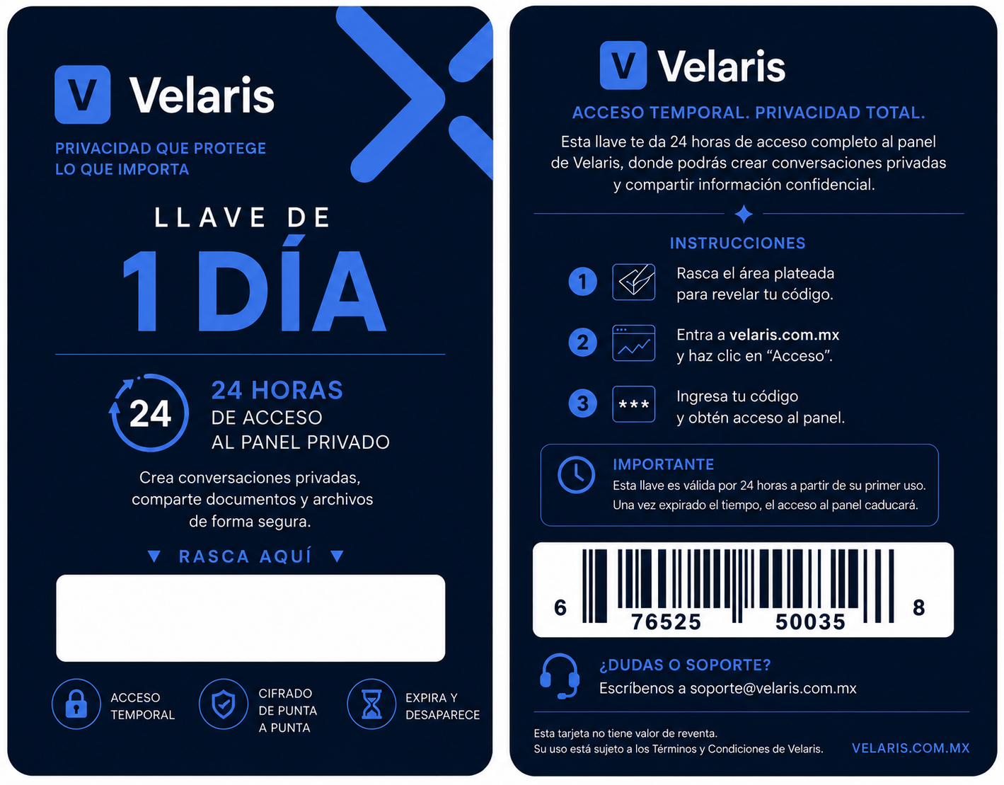 Tarjeta PVC impresa de Velaris con llave de acceso por 24 horas